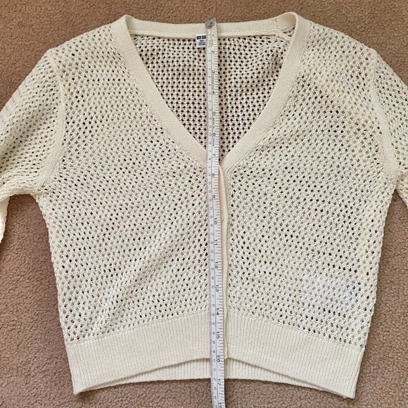 Uniqlo Women's XXS Mesh V-Neck Short Cardigan Sheer Off White Cream Linen - Picture 8 of 12